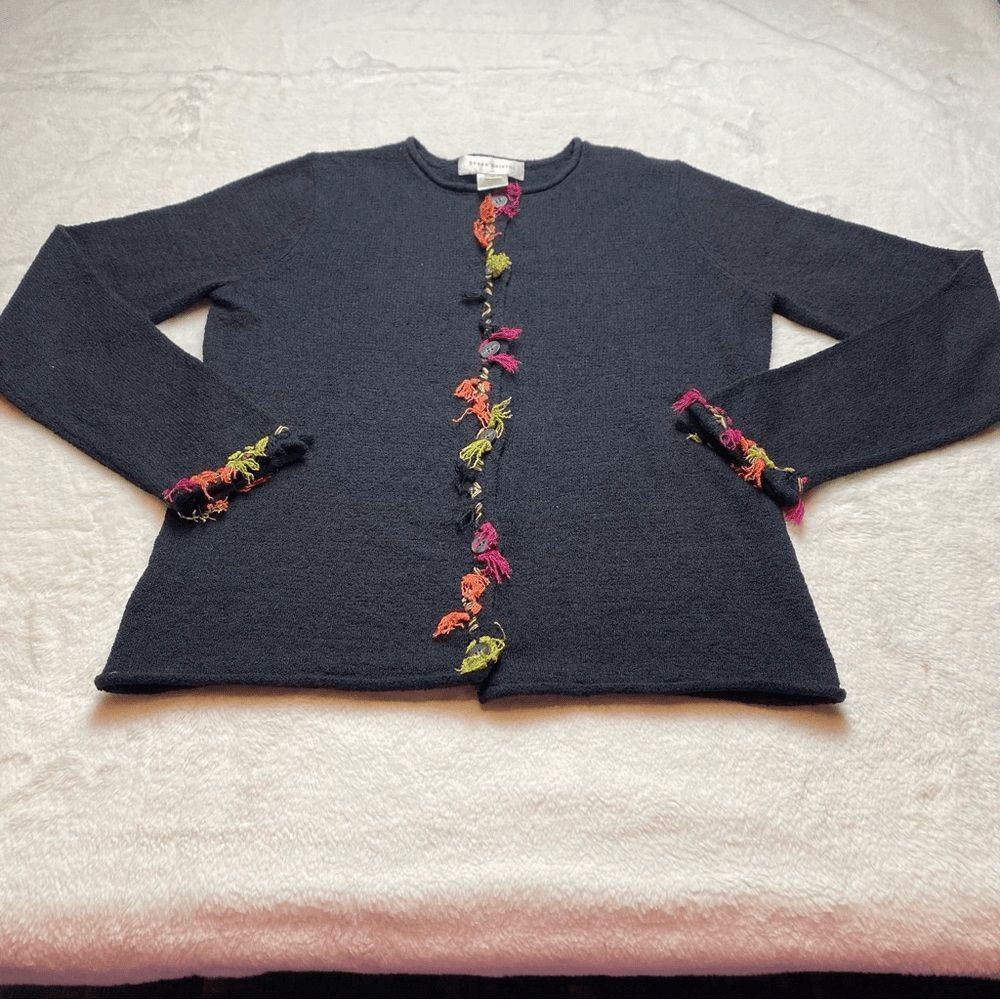 Susan Bristol Womens S Black Cardigan Hand Embroidered Floral Y2K 2004 Knit
